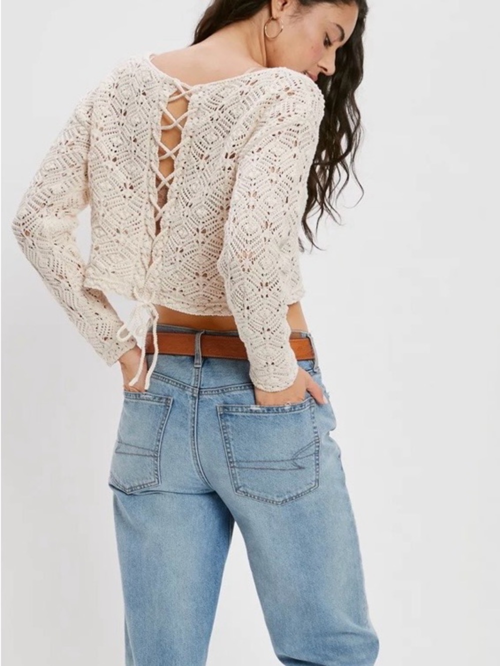 American Eagle Crochet Open Knit Cropped Lace-Up‎ Back Sweater in Cream L